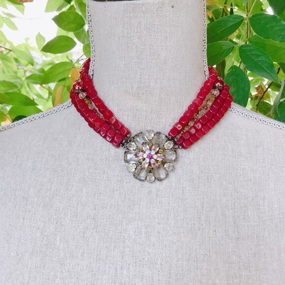VTG Signed Avon Multistrand Red Bead Rhinestone Statement Necklace Unique Retro - Picture 5 of 11